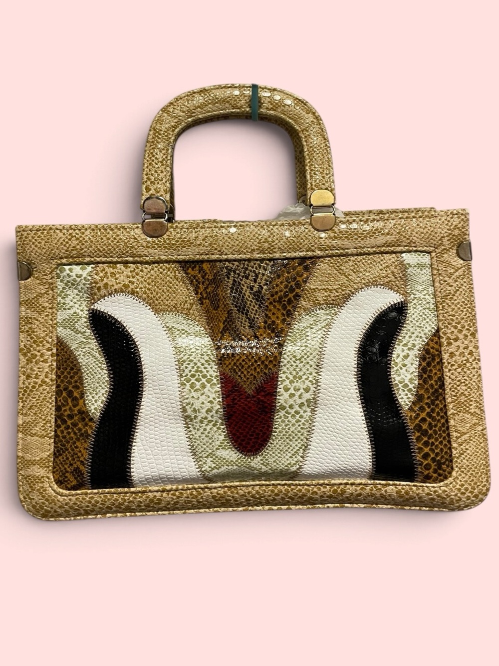 Cute classic vintage 80s faux snake boxy patchwork satchel handbag old money